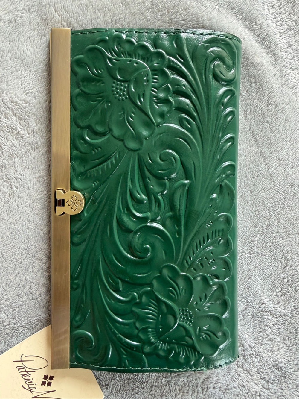 Patricia Nash Dark Green Embossed Leather Clutch with Gold Frame